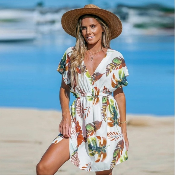 Women's Tropical Plunging Dolman Sleeve Cover-Up Mini Dress L - Picture 3 of 6